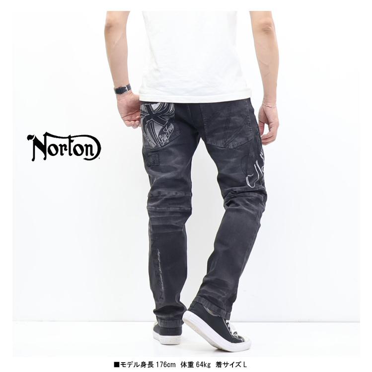 Norton ノートン デニム パンツ 刺繍 ブラック ノートン（NORTON） 跨ぎMAXストレッチデニムパンツ 刺繍 ジーンズ