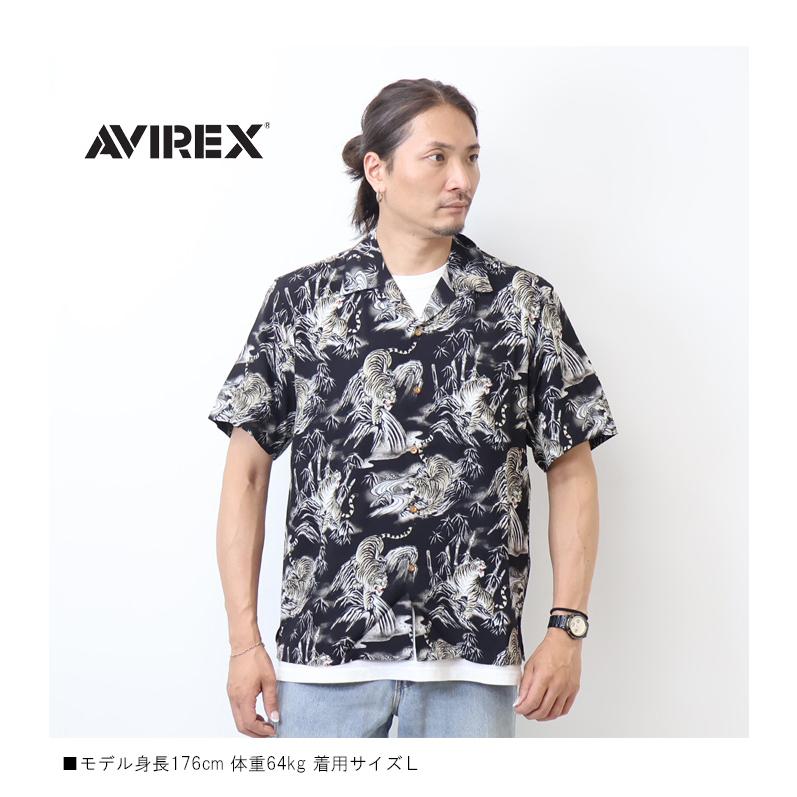 AVIREX 狛犬 和柄 アロハシャツ 開襟 オープンカラー ネイビー M 狛犬