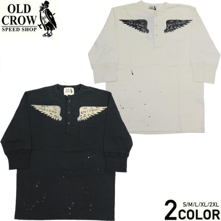 オールドクロウ ヘンリーネック 五分袖 Tシャツ ハーフスリーブ メンズ ビンテージ加工 OLD CROW CROW WING H/S