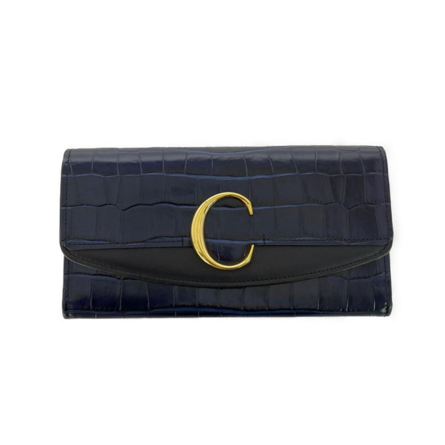 Chloe クロエ C・クロコ型押しカーフレザー長財布/ネイビー/ブラック 