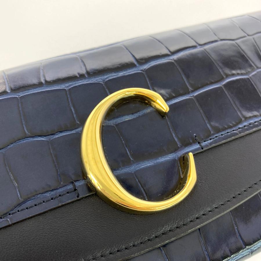 Chloe クロエ C・クロコ型押しカーフレザー長財布/ネイビー/ブラック 