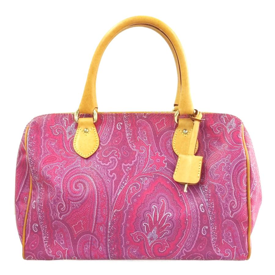 美品✨エトロ ミニボストン ハンドバッグ PVC×レザー 本革 鍵付き 総柄 ETRO（エトロ） PVC レザー ペイズリー キー付 ミニボストン