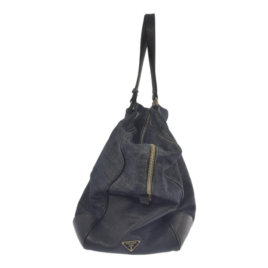 PRADA プラダ デニム×レザー 三角プレート ボストンバッグ 旅行鞄