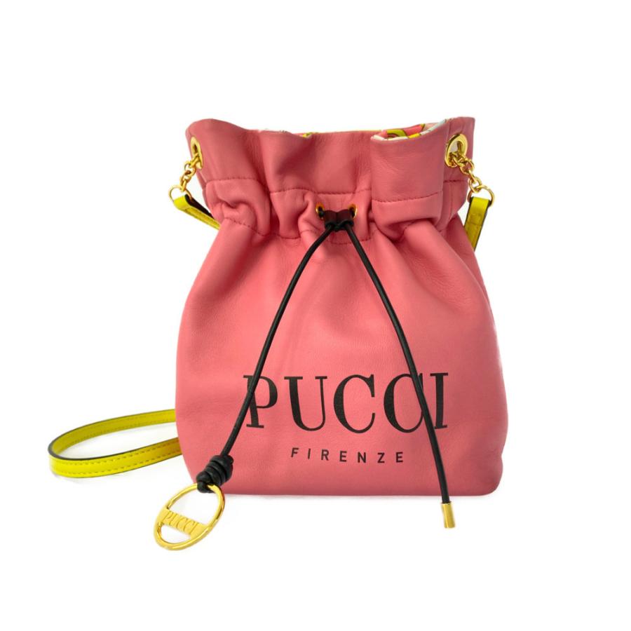 EMILIO PUCCI 巾着ショルダー エミリオプッチ ロゴレザー巾着ショルダーバッグ/ピンク/イエロー
