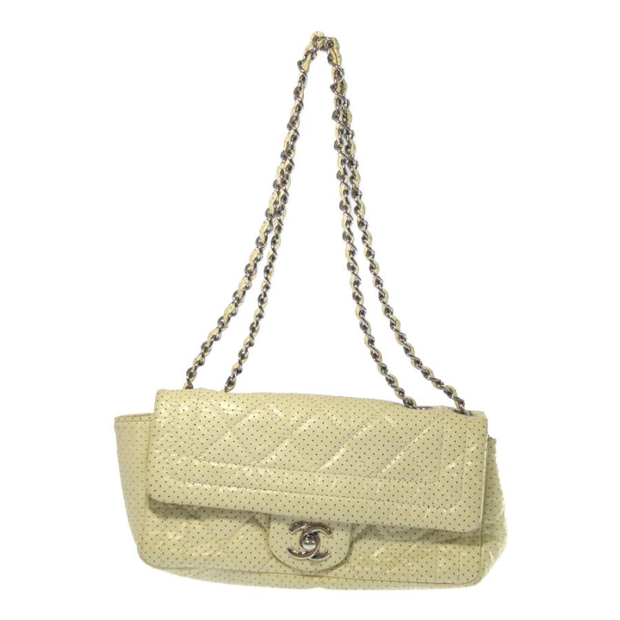 シャネル レザー パンチング チェーン ショルダー ハンド バッグ ホワイト