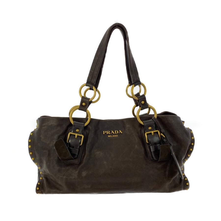 PRADA プラダ スタッズ レザー トートバッグ/ブラウン/ゴールド/PRADA 