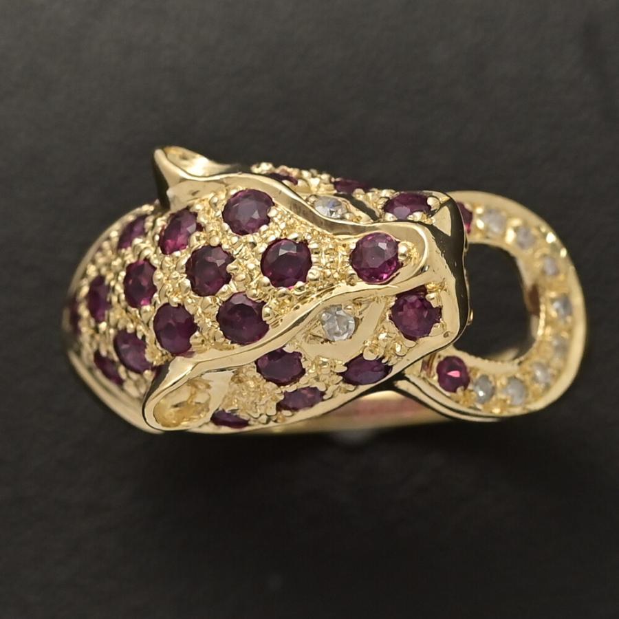 値下げしました、11号、刻印有、ダイヤ&ルビー、指輪 RU1.2ct/FD:0.12ct/パンテール パンサーモチーフ ルビー ダイヤモンド
