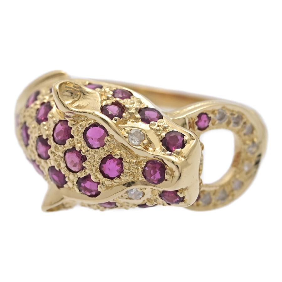 【最終価格】★ うるうる✨ K18 ハート ルビー ダイヤ ゴールド 14号 RU1.2ct/FD:0.12ct/パンテール パンサーモチーフ ルビー ダイヤモンド