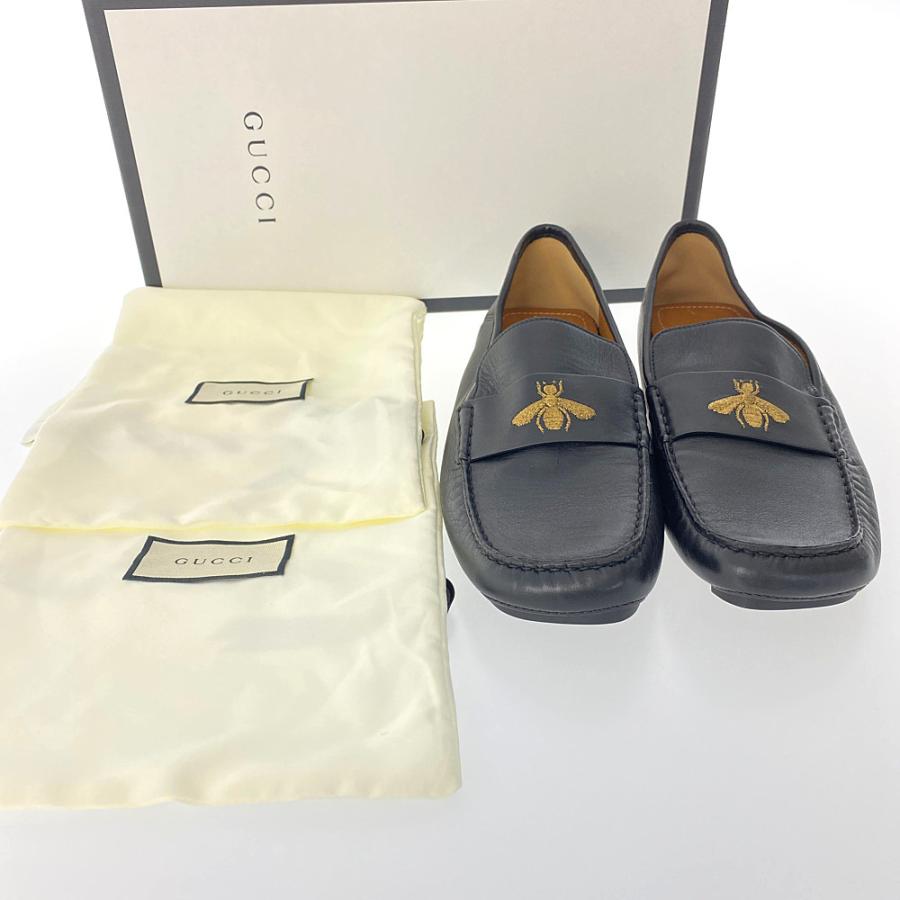 【良品】GUCCI スクエアトゥ　ドライビング　ローファー　蜂　刺繍　25.5黒 GUCCI グッチ Leather driver with bee・蜂刺繍・レザー