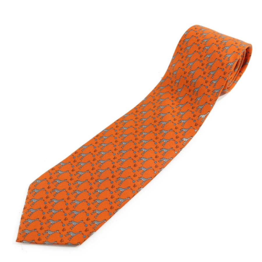 HERMES エルメス キリン柄 レギュラーネクタイ/605725/オレンジ×グレー