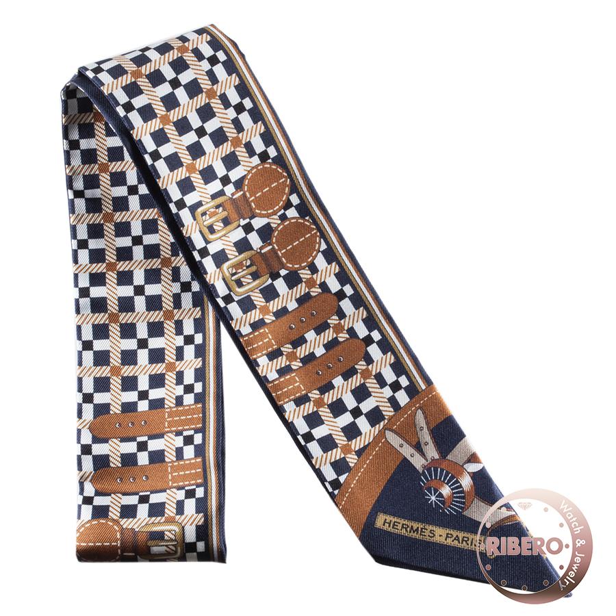 HERMES エルメス ツイリー スカーフ 馬車の変遷　ネイビー ブラウン HERMES エルメス ツイリー スカーフ 馬車の変遷 ネイビー ブラウン