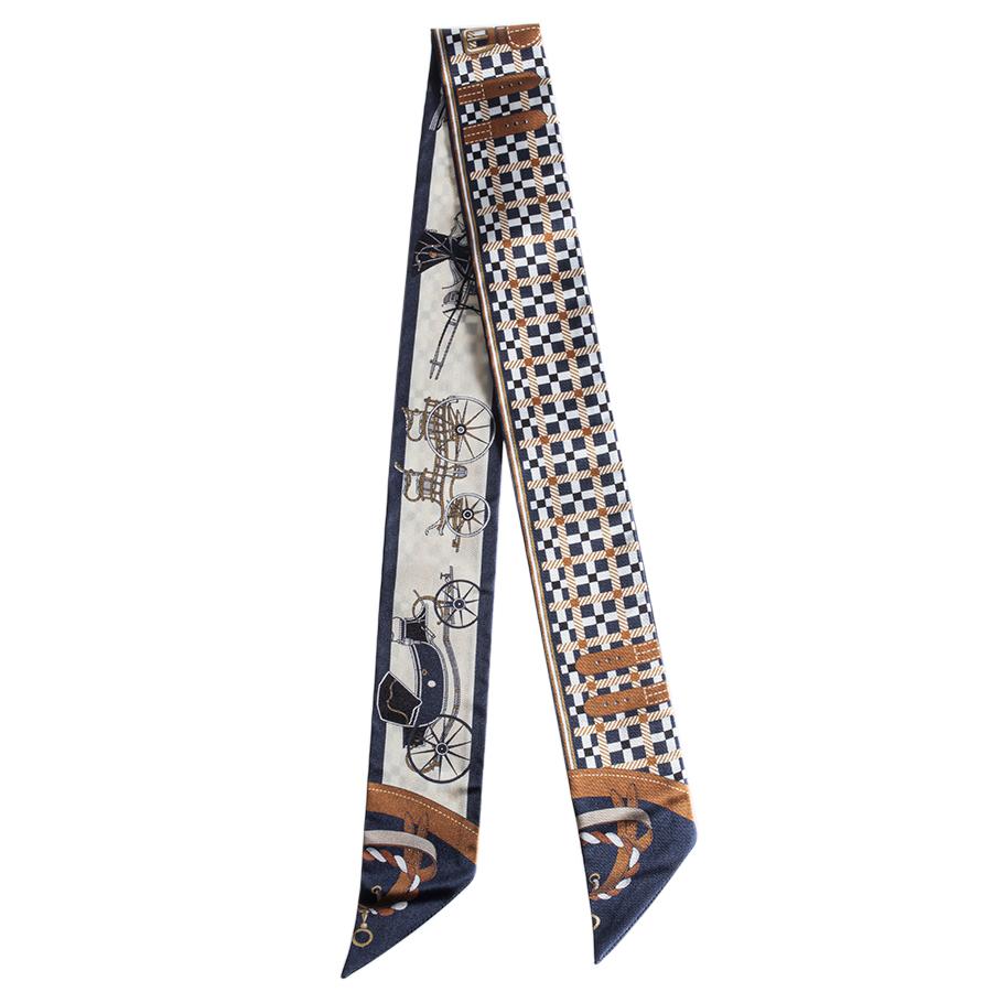 HERMES エルメス ツイリー スカーフ 馬車の変遷　ネイビー ブラウン HERMES エルメス ツイリー スカーフ 馬車の変遷 ネイビー ブラウン