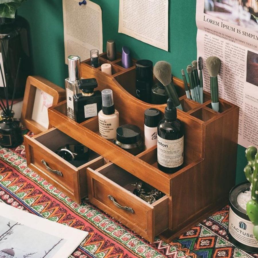 ヴィンテージ調 大容量 木製 コスメボックス メイクボックス