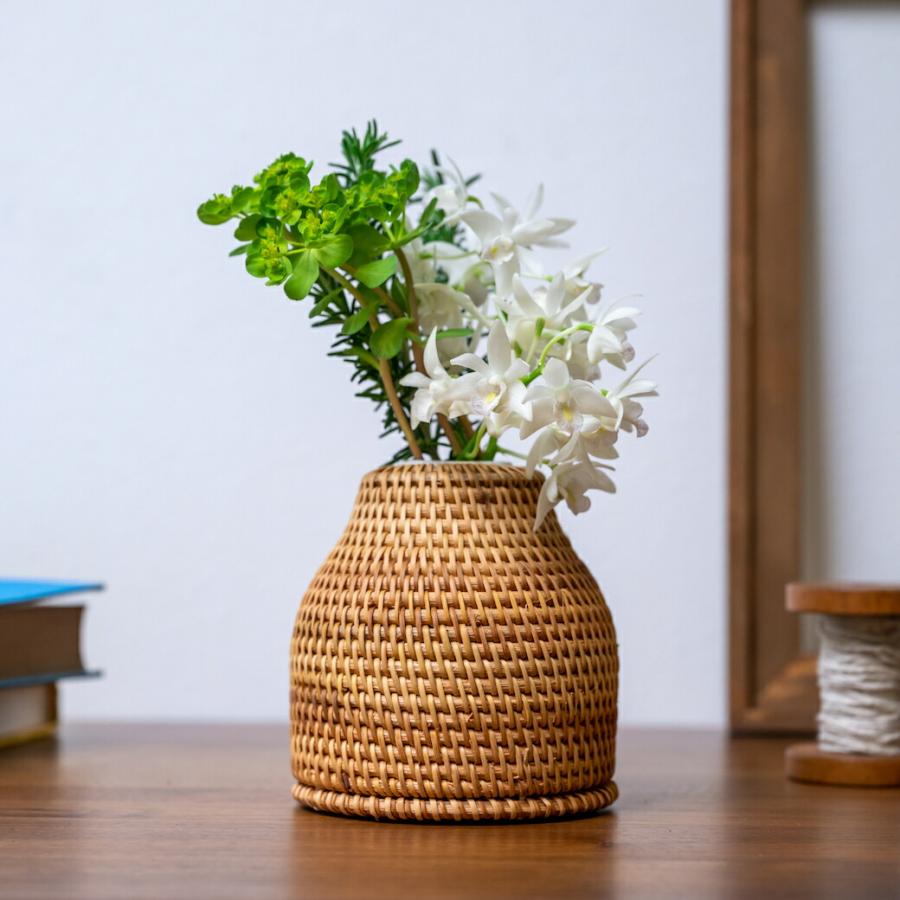 ラタン フラワーベース 籐 陶器 花瓶 花びん 一輪挿し 小 籠