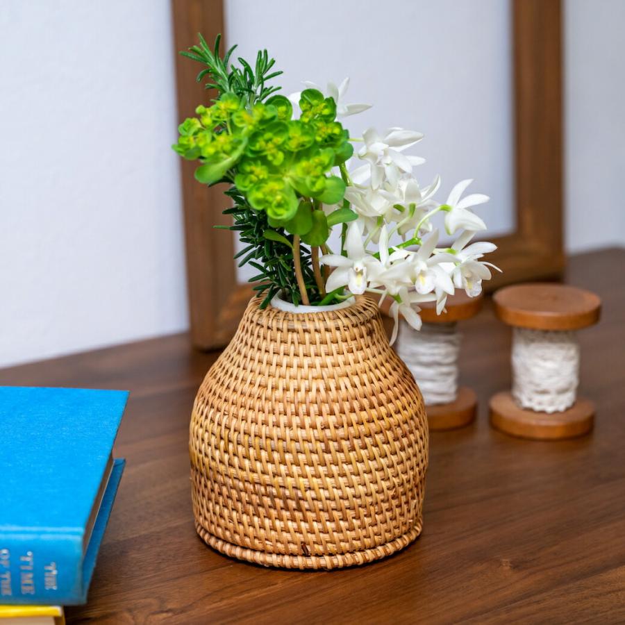 ヴィンテージ*ラタン ピール フラワーベース*籐 皮 花器 花瓶*ドライ