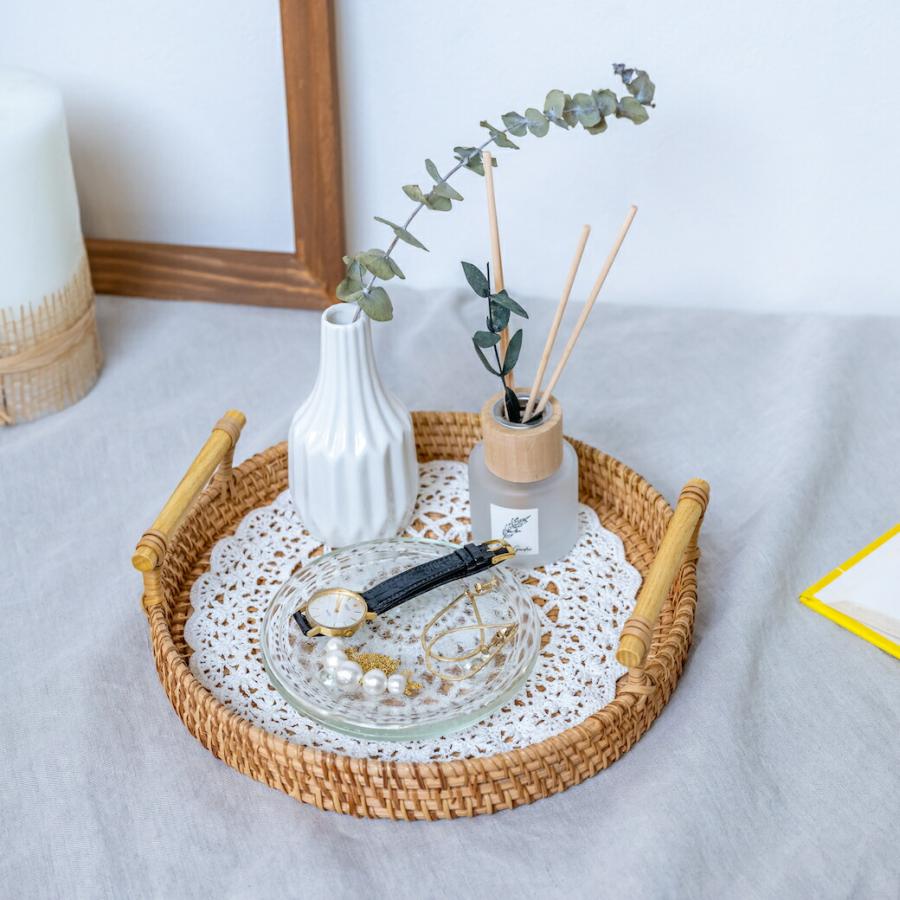 ハンドル付き ラタントレイ M 直径24cm ラタン 籐 トレー トレイ