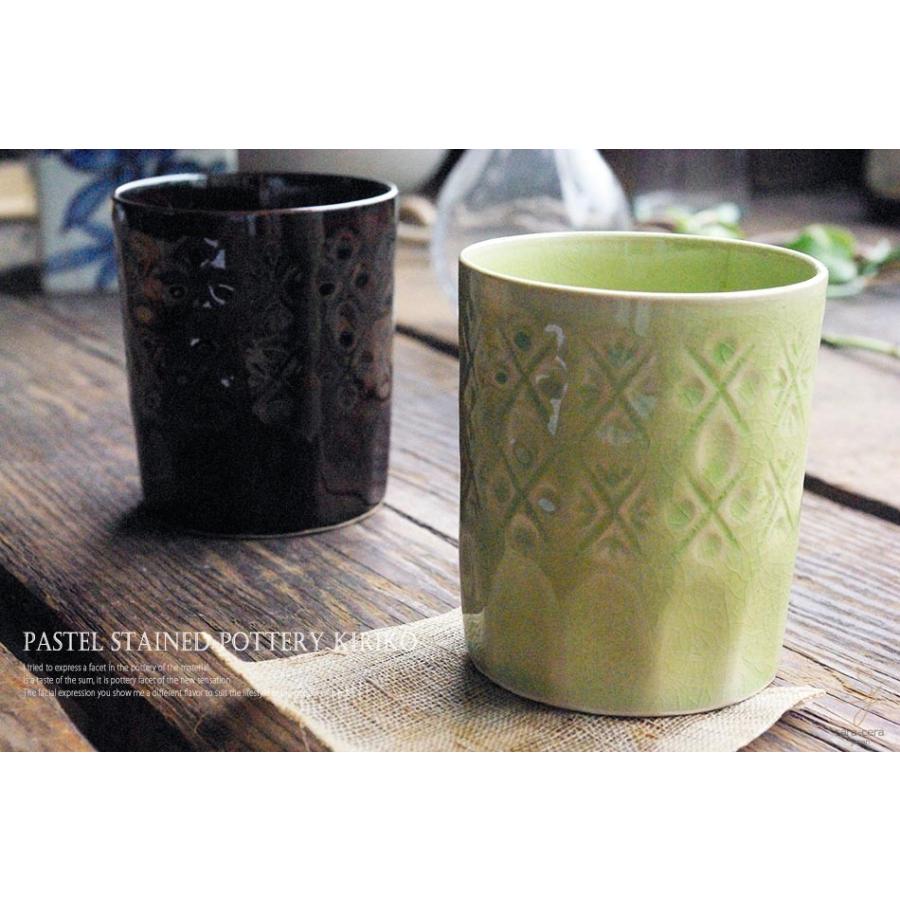 2個セット　パステルステンド 色釉 陶切子 ペア ロックカップ （緑グリーン釉・茶色 アメ釉）（木箱入り）　和食器 和風｜ricebowl｜06