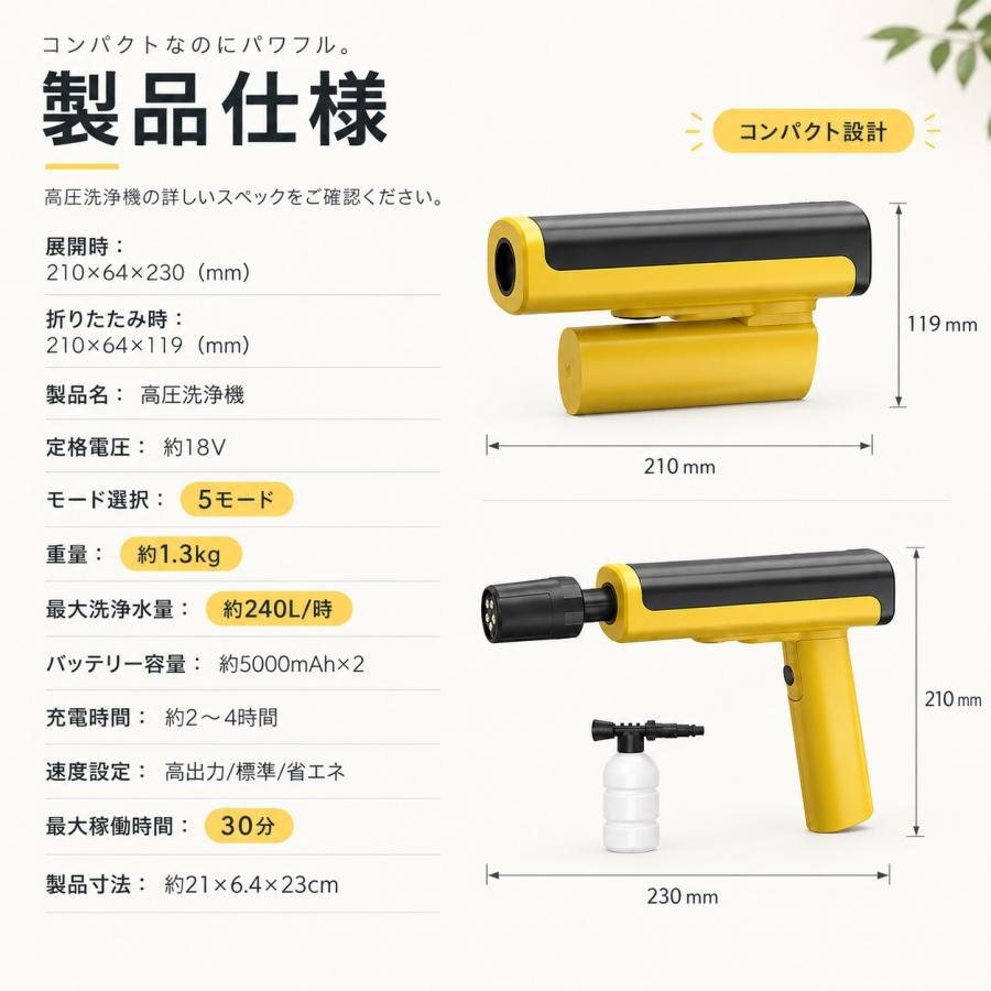 高圧洗浄機 コードレス 充電式 ハンディ ポータブル 5in1 自吸式 水道