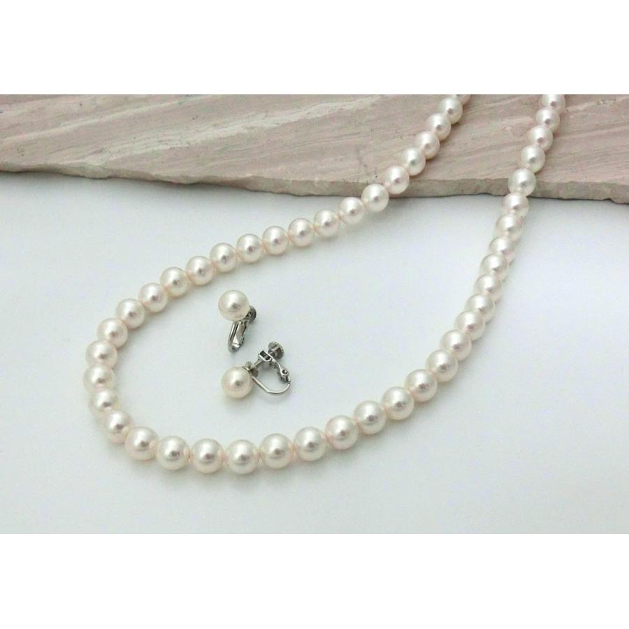 貝パール 美しいネックレスとイヤリング2点セット ホワイト 日本製 8ミリ珠 全長40cm 43cm :Y-1008WH:リッチモンド