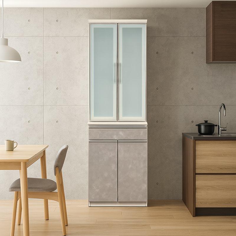 木製キャビネット グレー 収納　食器棚 食器棚 60 おしゃれ 完成品 収納 キッチン ハイタイプ スリム 国産