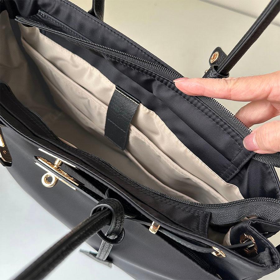 ナイロンレザーコンビ レディース 通勤バッグ ビジネスバッグ トートバッグ A4サイズ対応 ベルトデザイン ショルダーバッグ 通勤 軽量 大容量 PC 手提げ 肩掛けの画像