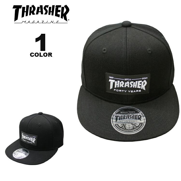 (公式）スラッシャー キャップ THRASHER 40YEARS SNAP BACK CAP 帽子 メンズ レディース ユニセックス 平ツバ スナップバック ブラック 黒 40周年モデル｜rifflepage