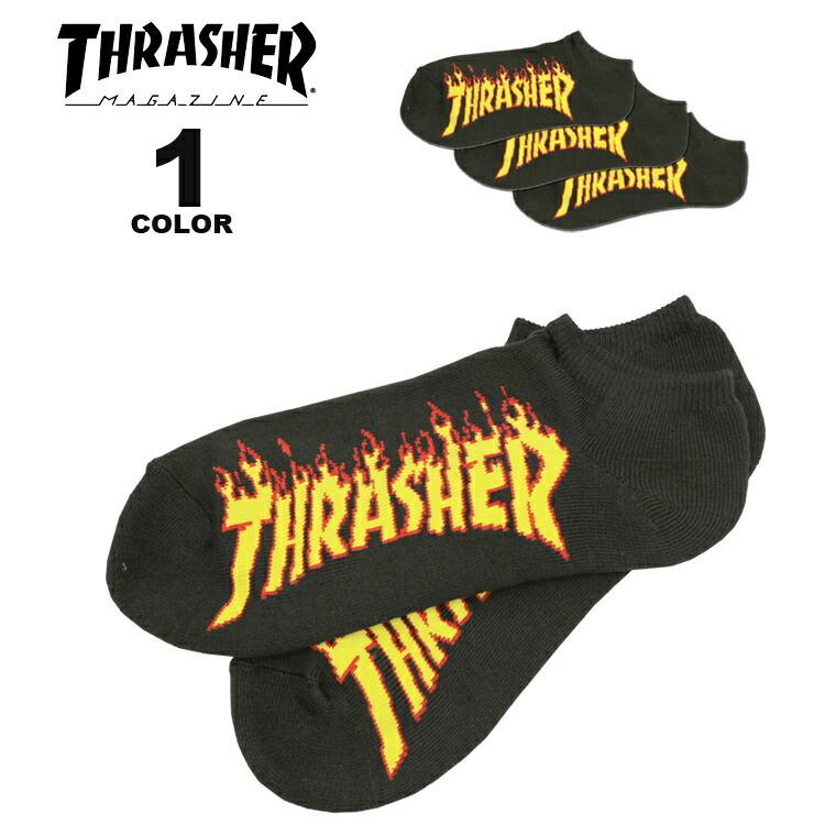 (公式）スラッシャー ソックス THRASHER FLAME ANKLE SOCKS 3PAIRS 3足組 ショート丈 くるぶし丈 メンズ 靴下 フリーサイズ 25-27cm ロゴ入り 黒 ブラック｜rifflepage