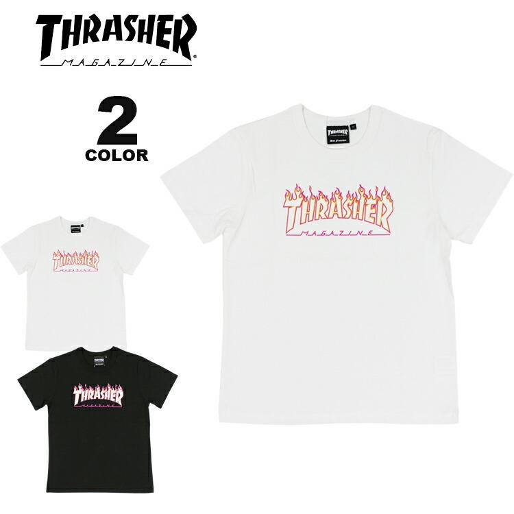 SALE (公式）スラッシャー Tシャツ 子供服 THRASHER FLAME PINK OUTLINE YOUTH S/S T-SHIRTS 半袖Tシャツ キッズ KIDS TEE ユース ジュニア 全2色 130-150｜rifflepage