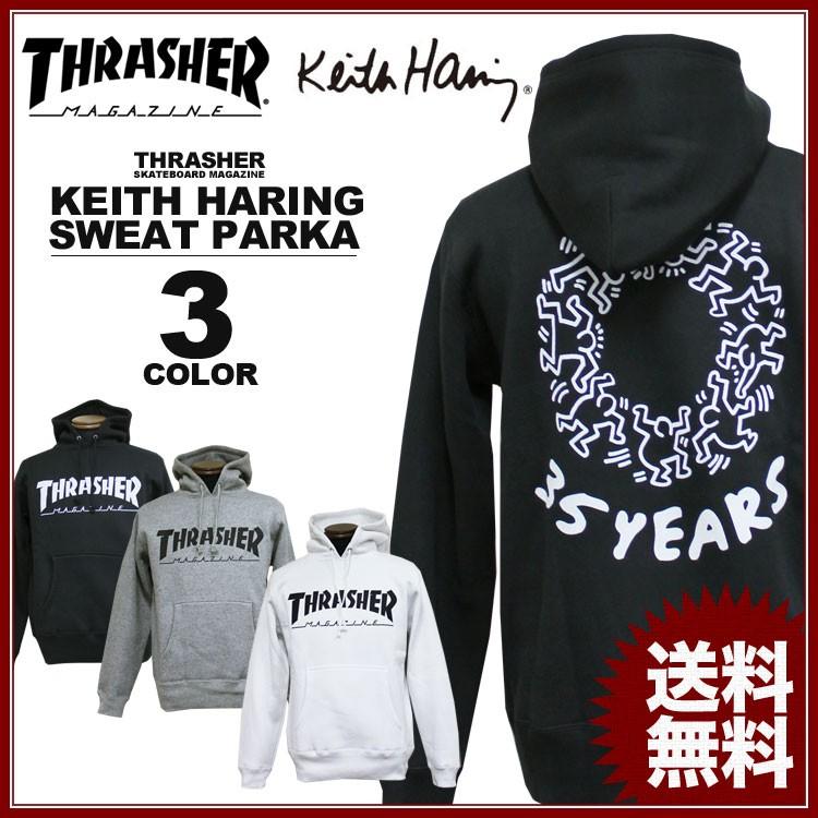 スラッシャー THRASHER スエット パーカ パーカー ブラック 黒 グレー ホワイト 白 メンズ Keith Haring 35YEARS SWEAT PARKA キースヘリング コラボ｜rifflepage