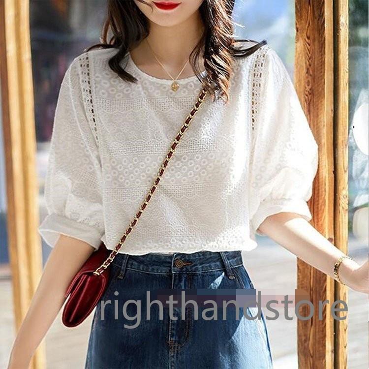 ブラウス レディース きれいめ 40代 春夏 上品 レース花刺繍ブラウス 白シャツ 五分袖 ゆったり オシャレ 韓国風 大人 Tシャツ30代 50代 新品未使用