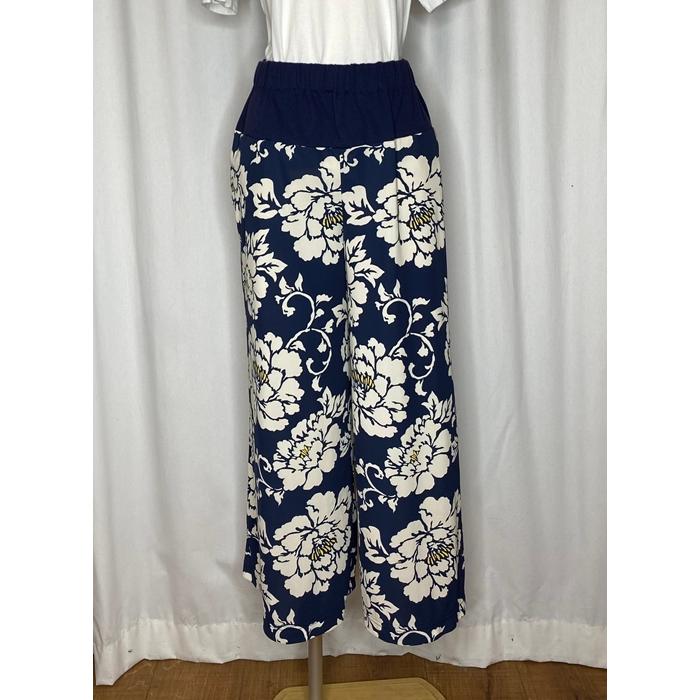 ほにや 美楽流パンツ 牡丹 紺 丈ロングサイズ 丈90cm 総柄パンツ