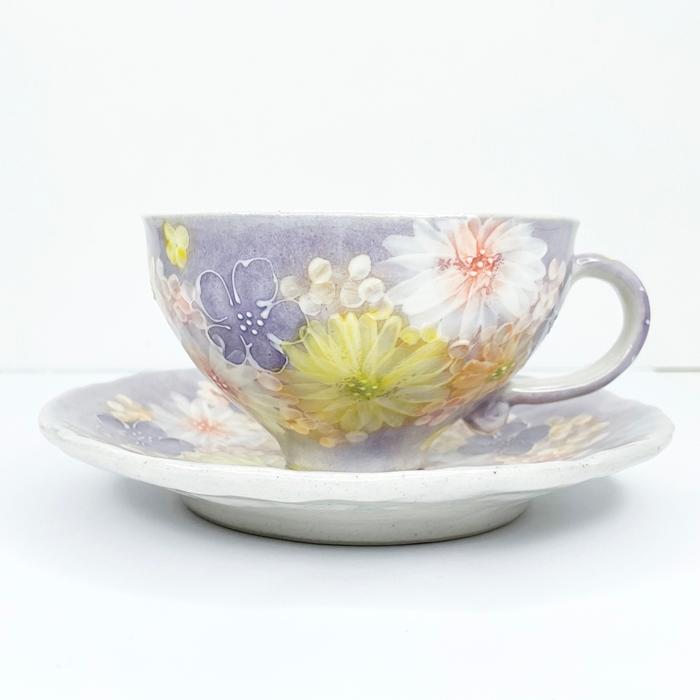 工房ゆずりは カップ＆ソーサー 紫花景色 瀬戸焼 花柄 優しい感性 女性  