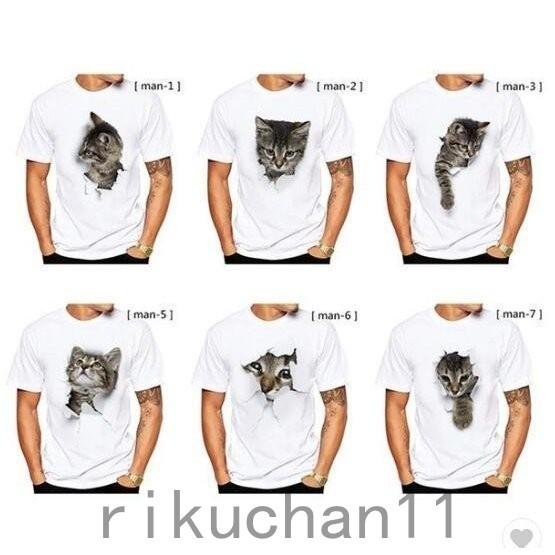 【セール】可愛い 3D 猫 Tシャツ 半袖 男女兼用 メンズ 薄手 ねこ 白 レディース 面白 おもしろ かわいい トリックアート 代引不可｜rikuchan11｜02