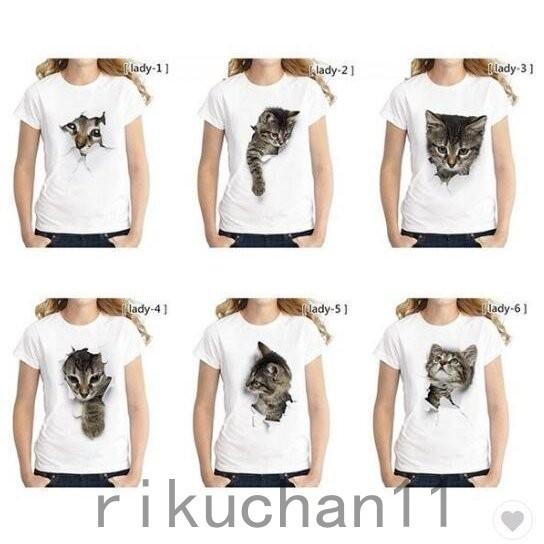 【セール】可愛い 3D 猫 Tシャツ 半袖 男女兼用 メンズ 薄手 ねこ 白 レディース 面白 おもしろ かわいい トリックアート 代引不可｜rikuchan11｜03