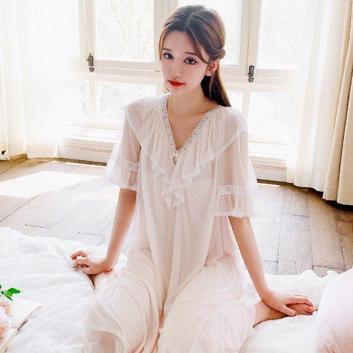 寝巻き 半袖 ロング丈 ロマンティック princess tulle nightdress ルームワンピース パジャマレディース Vネック フリル チュール 姫系 ネグリジェ｜rikuchan11｜20