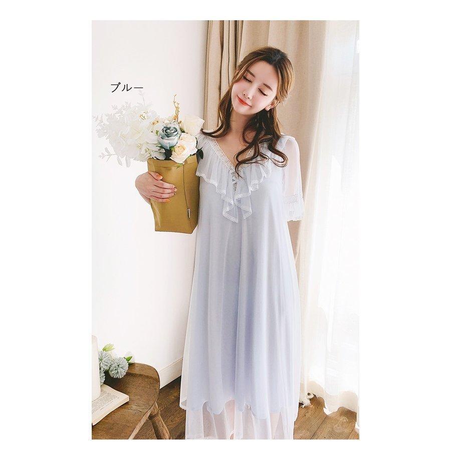 寝巻き 半袖 ロング丈 ロマンティック princess tulle nightdress ルームワンピース パジャマレディース Vネック フリル チュール 姫系 ネグリジェ｜rikuchan11｜17