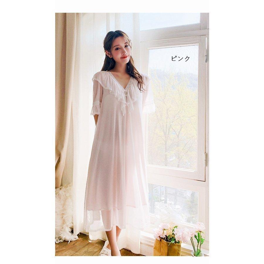 寝巻き 半袖 ロング丈 ロマンティック princess tulle nightdress ルームワンピース パジャマレディース Vネック フリル チュール 姫系 ネグリジェ｜rikuchan11｜04