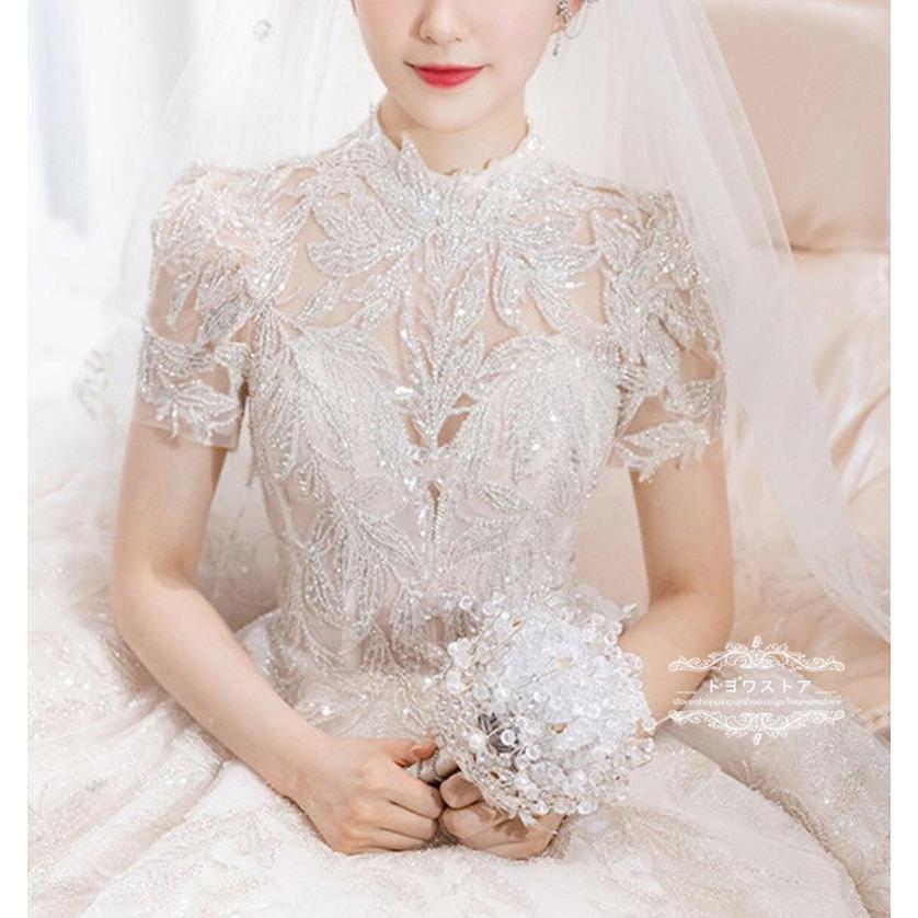 【超美品】wedding 韓国 プリンセス　ブライダル ドレス ビジュー 半袖 プリンセスライン 韓国スタイル ウェディング