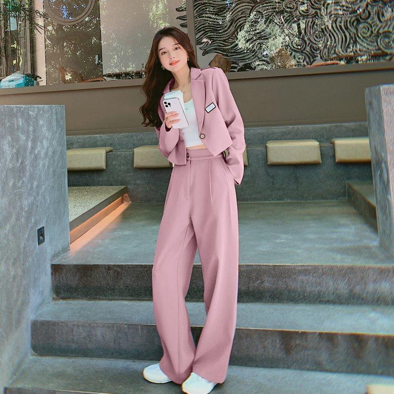 セットアップ ピンク ジャケット エレガント パンツ ロング 韓国 レディースファッション 2色 セットアップ レディース スーツ