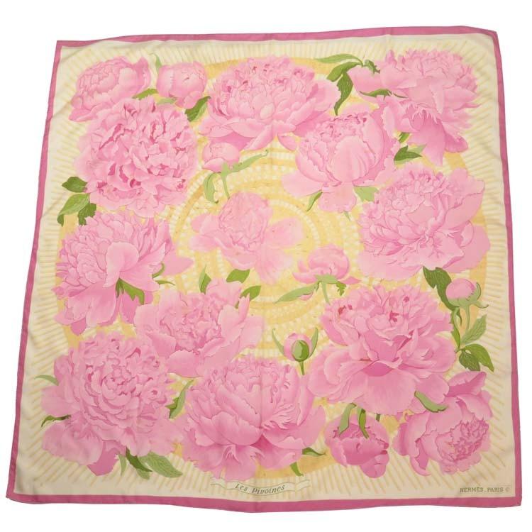 美品 460 送料無料 エルメス カレ90 芍薬 花柄 ピンク Les Pivoines シルク100 Hermes 中古 財布 帽子 ファッション小物