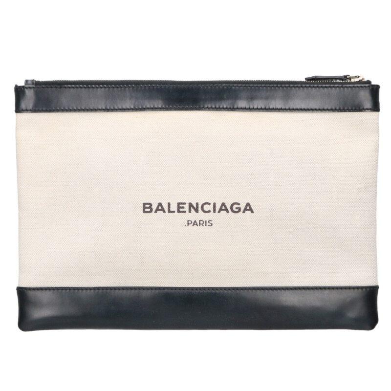 【美品】BALENCIAGA 373834 キャンバス レザー クラッチバッグ BALENCIAGA（バレンシアガ） 373834 ネイビークリップ ロゴプリント