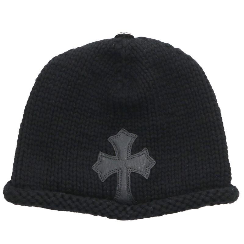 初期 □ Chrome Hearts 正規品ニット帽 クロスレザーパッチ □