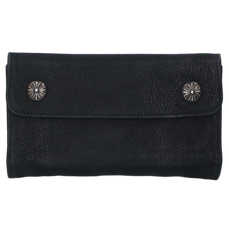 クロムハーツ   WAVE CROSS BALL ウェーブ クロスボールボタンデストロイレザーウォレット財布 中古 SJ02 CHROME HEARTS（クロムハーツ） 財布 WAVE CROSS BALL ウェーブ クロス