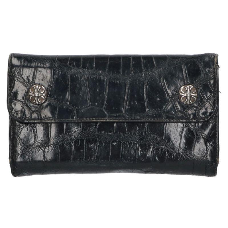 クロムハーツ   WAVE ALLIGATOR ウェーブアリゲーター クロスボタンアリゲーターレザーウォレット財布 中古 SJ02 CHROME HEARTS（クロムハーツ） 財布 WAVE ALLIGATOR ウェーブ