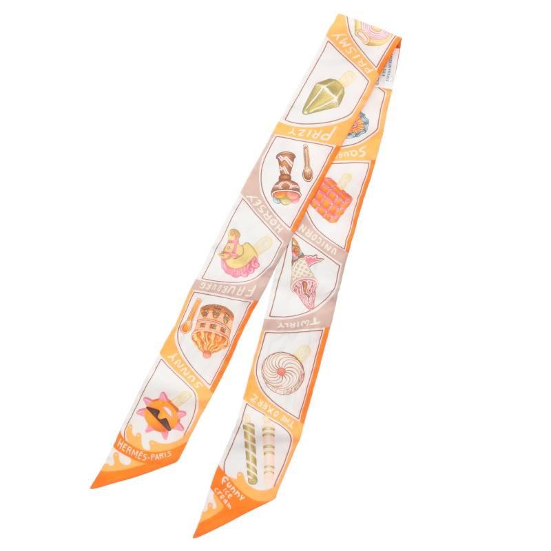 新品 HERMES ツイリー スカーフ アイスクリーム柄 HERMES（エルメス） Funny Ice Cream 総柄ツイリーシルクスカーフ 中古