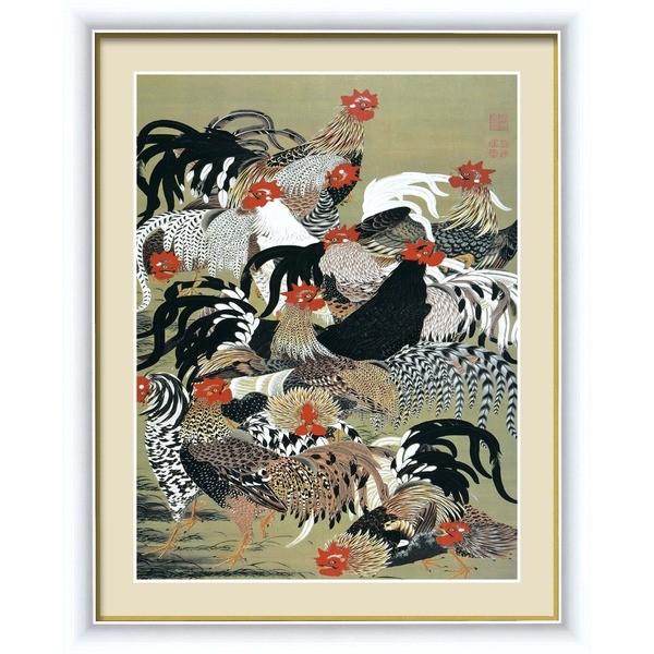 伊藤若冲 額装品 白 〔 F4号 群鶏図 〕 若冲 鳳凰 旭日 動植綵絵額 群鶏 白鳳 鶏