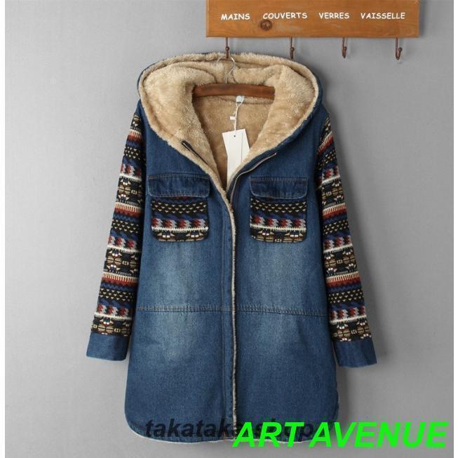 【大特価】裏ボア アウター デニムコート ボア レディース 秋 冬 デニムジャケット エスニック柄 フード コート カジュアル おしゃれ 大人可愛い 秋冬 韓国 | 
