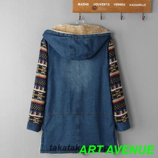 【大特価】裏ボア アウター デニムコート ボア レディース 秋 冬 デニムジャケット エスニック柄 フード コート カジュアル おしゃれ 大人可愛い 秋冬 韓国 |  | 02