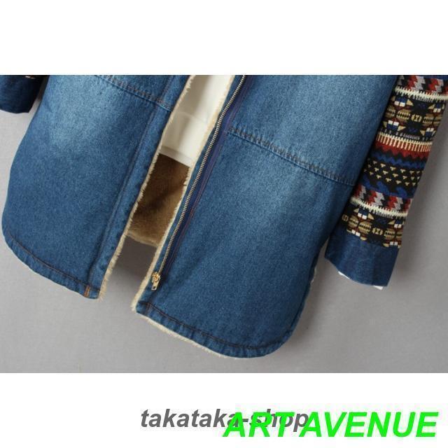 【大特価】裏ボア アウター デニムコート ボア レディース 秋 冬 デニムジャケット エスニック柄 フード コート カジュアル おしゃれ 大人可愛い 秋冬 韓国 |  | 07