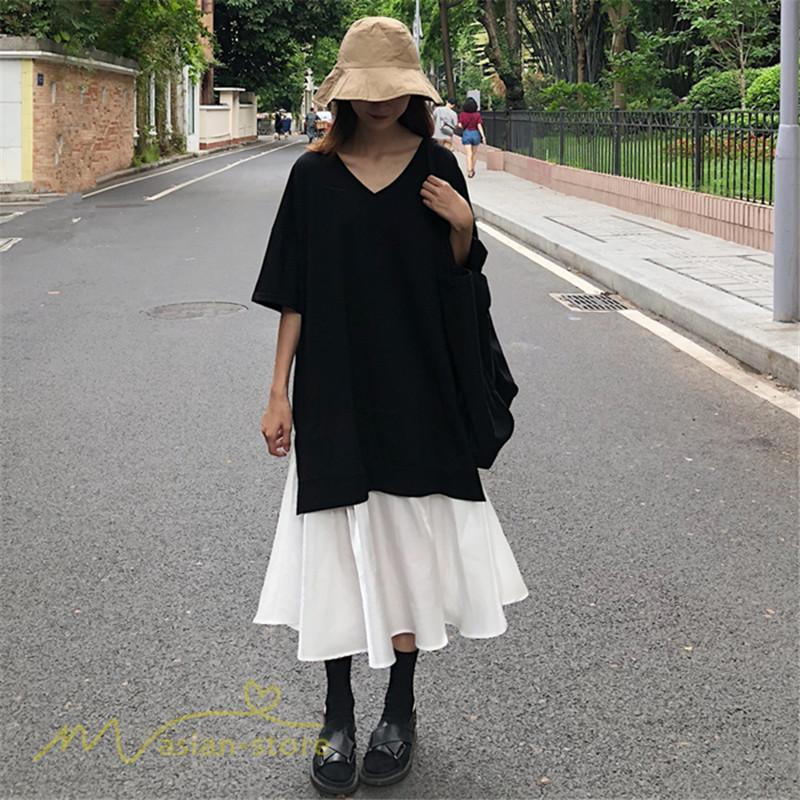 切り替えワンピース 半袖 ワンピース 黒白 フェイク2点 夏服 夏ワンピース Tシャツワンピース Aライン フレア 重ね着風 膝下丈 ミモレ丈 低身長｜rinrin37｜09